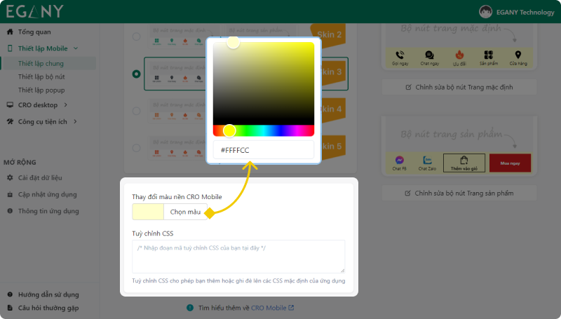 Thay đổi màu nền hoặc tùy chỉnh CSS cho bộ nút CRO