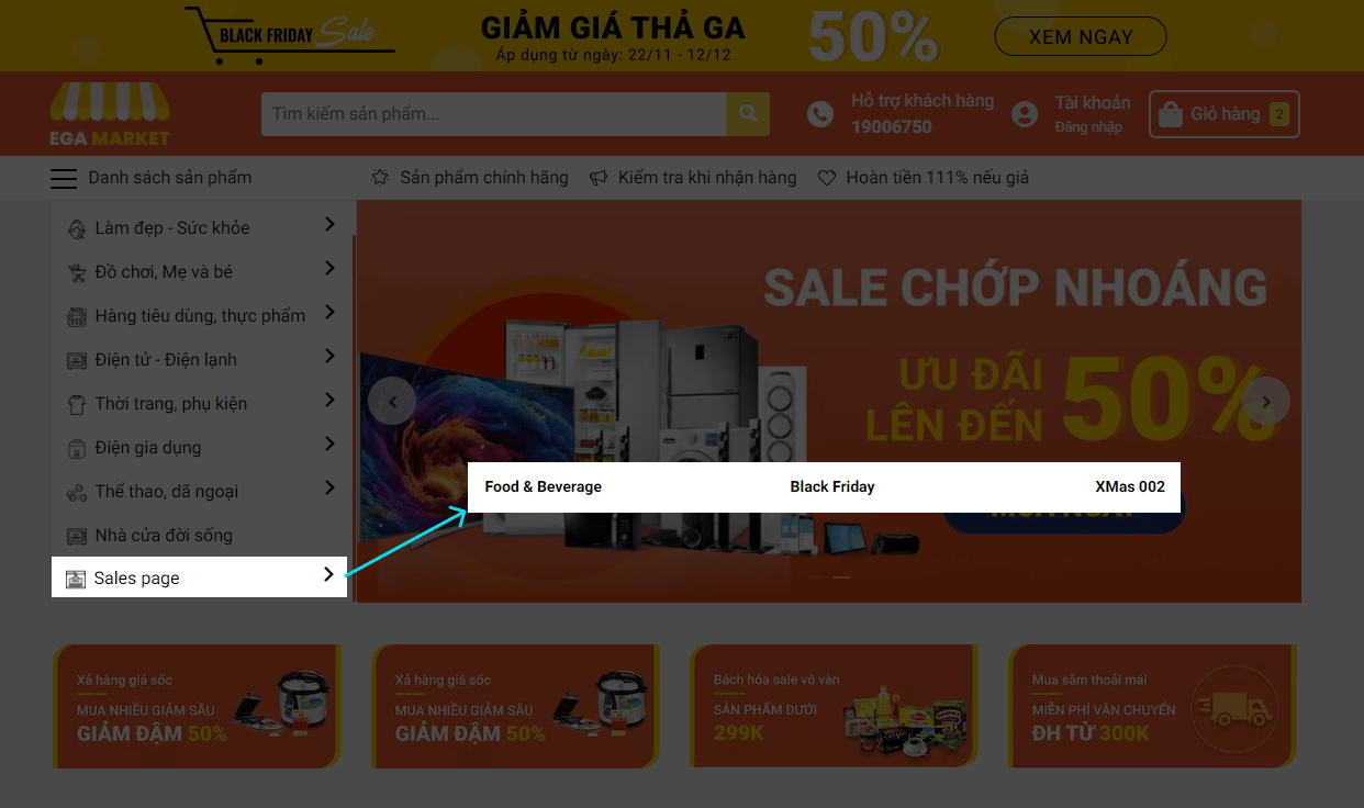 Liên kết trang Sales Page được gắn trên menu Trang chủ