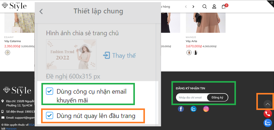 Email và nút về đầu trang