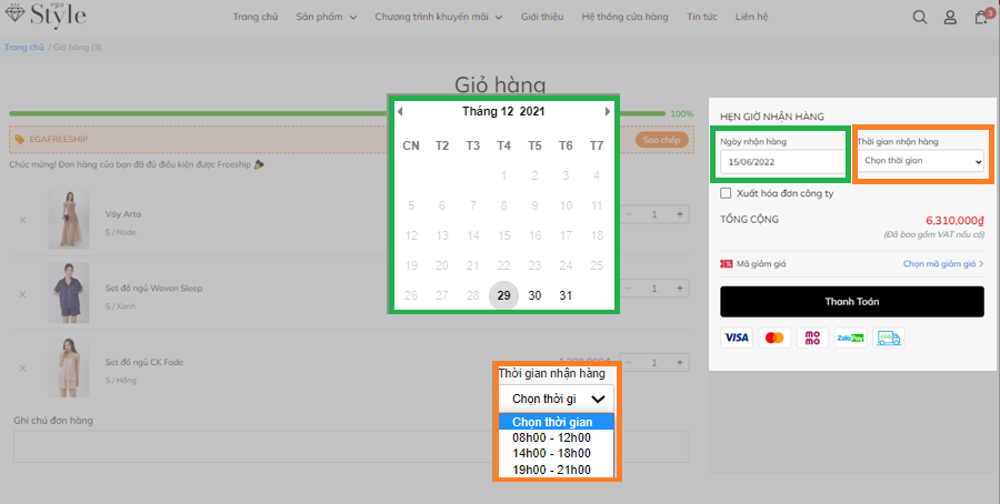 Tính năng hẹn thời gian giao hàng trong trang giỏ hàng