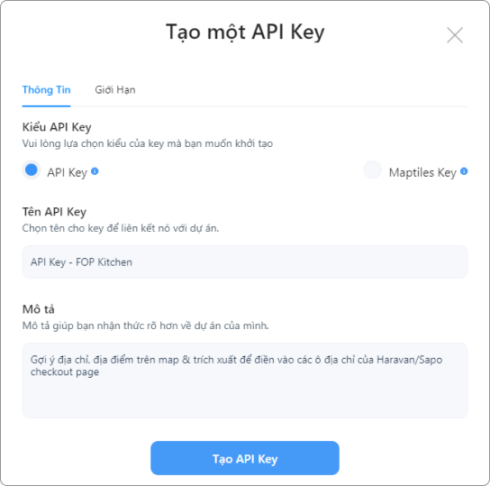 Tạo API Key